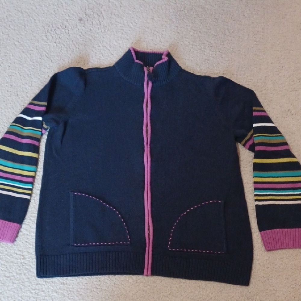 Christopher & Banks Navy Zip-Up Cardigan With Striped Sleeves
